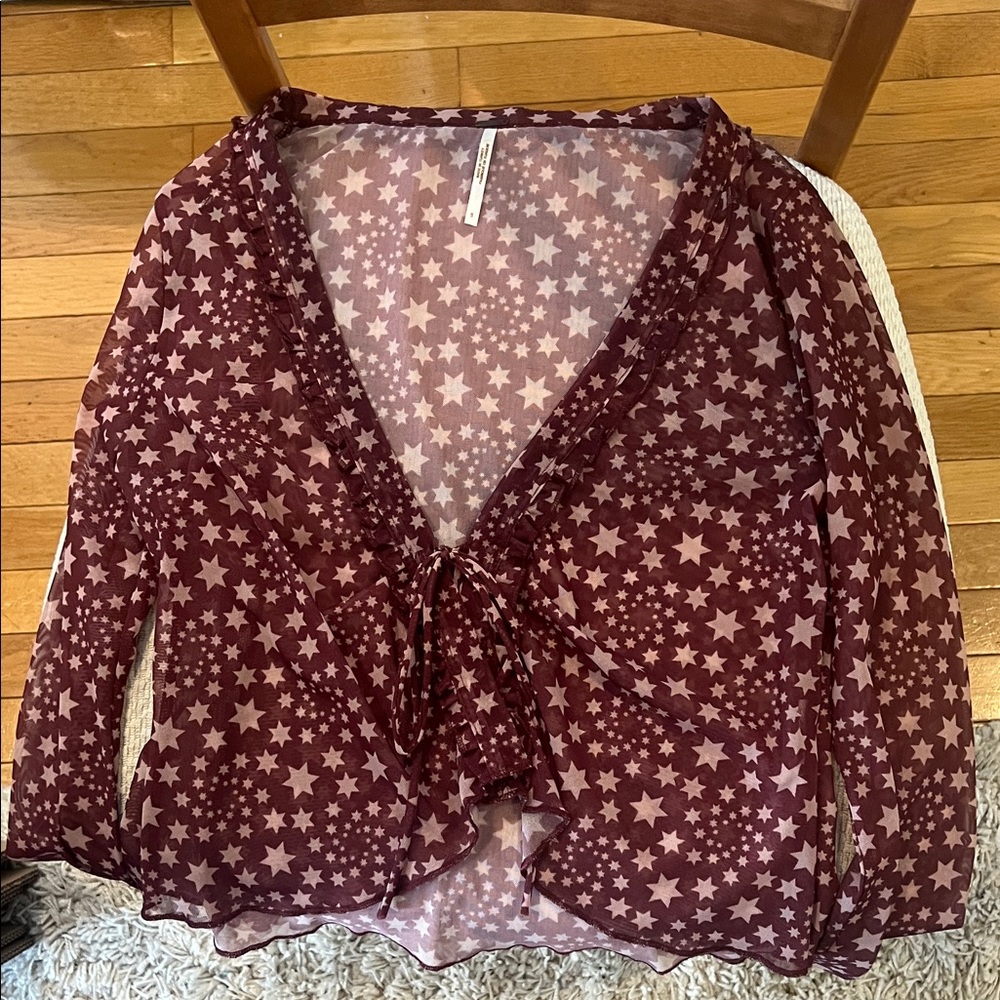 Free People Women's Small Star Print Mesh Top Long Sleeve Tie Burgundy Sheer